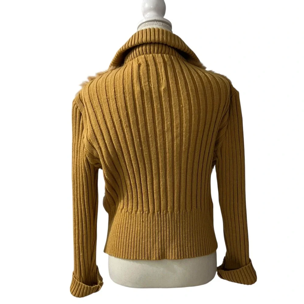 Leather USA Mustard Brown Genuine Rabbit Fur Ribbed Knit‎ Zip Up Cardigan XL